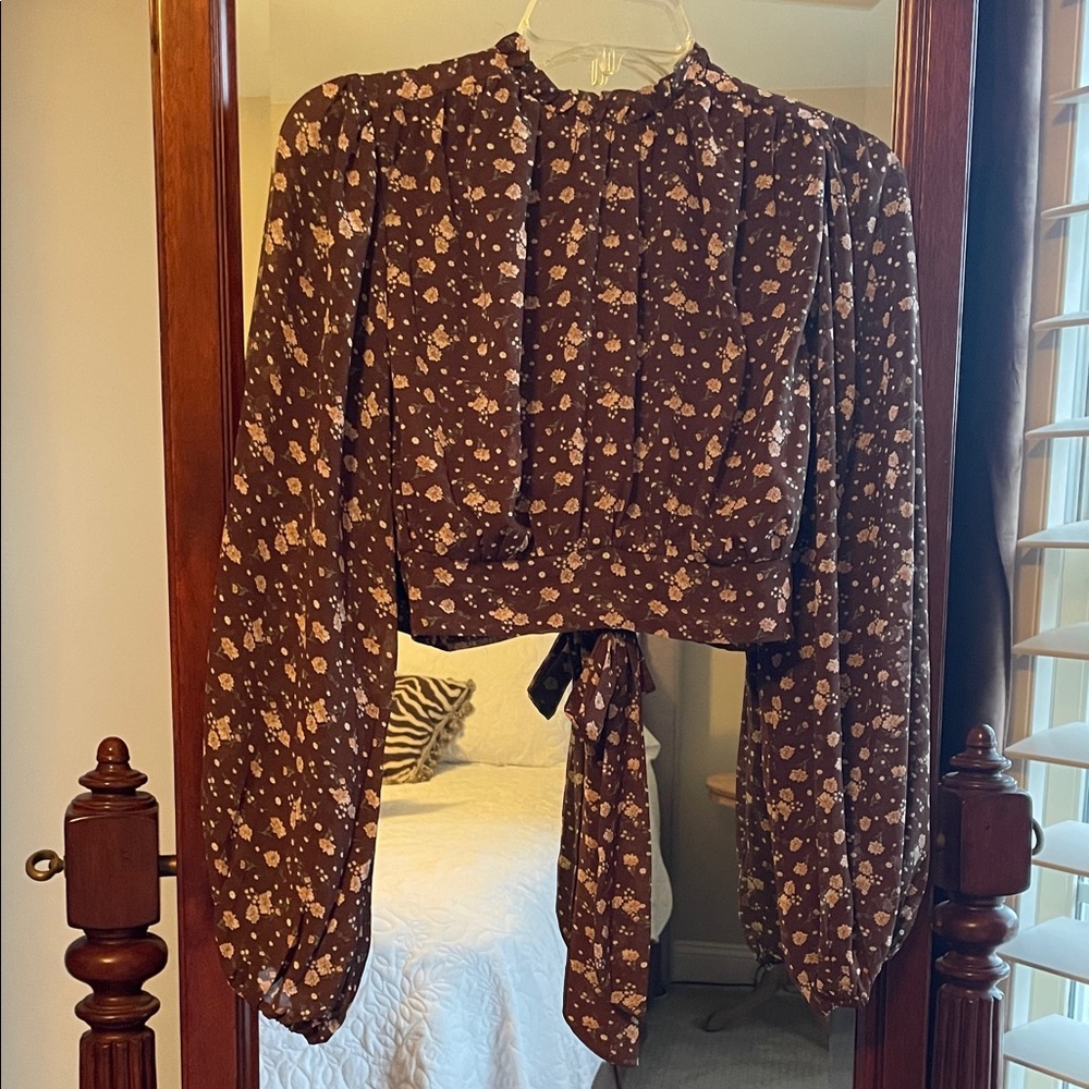 fab'rik Floral Brown Crop Top Blouse with Tie